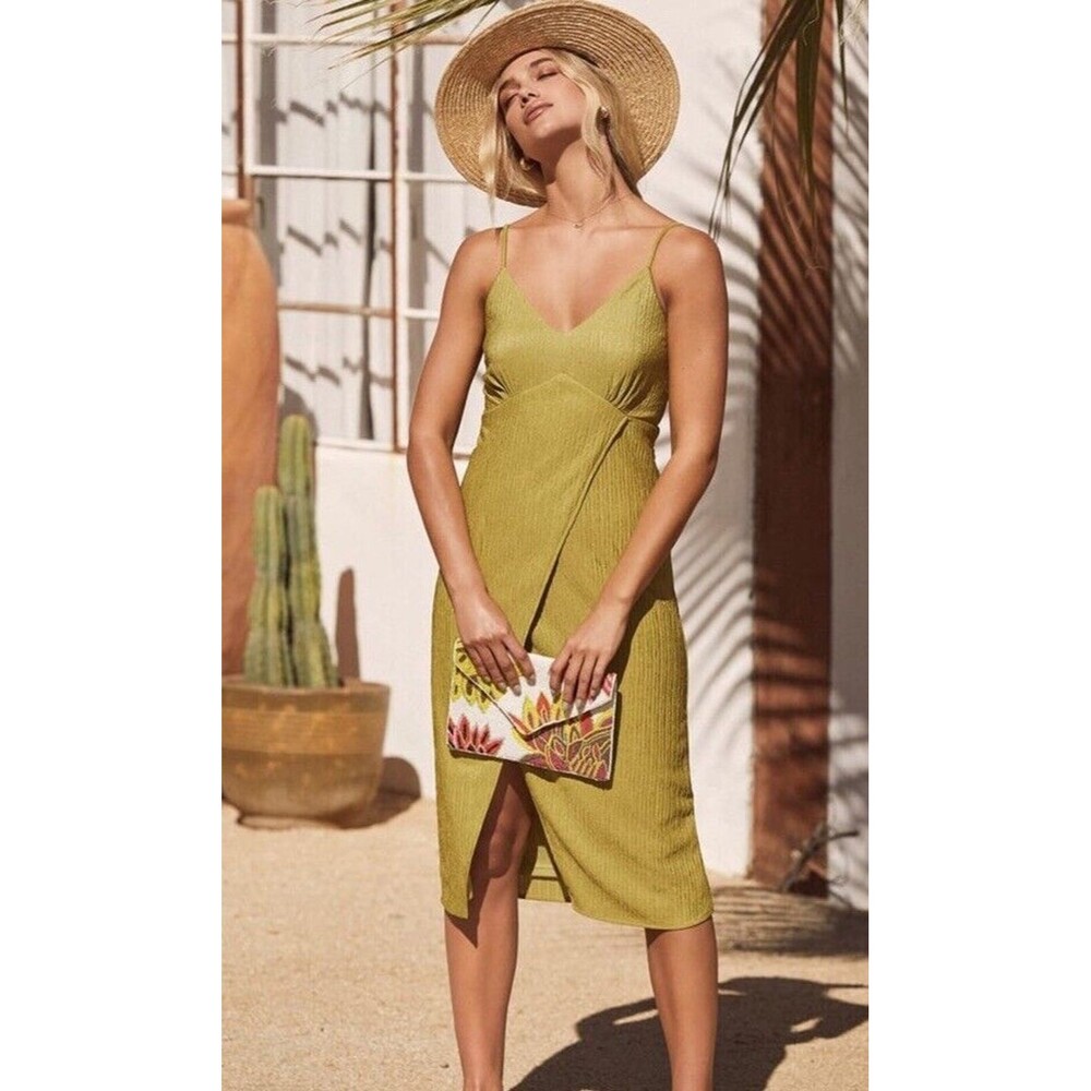 Lulu's View and I Chartreuse Tie-Back Faux-Wrap Midi Dress Empire Waist Size XL